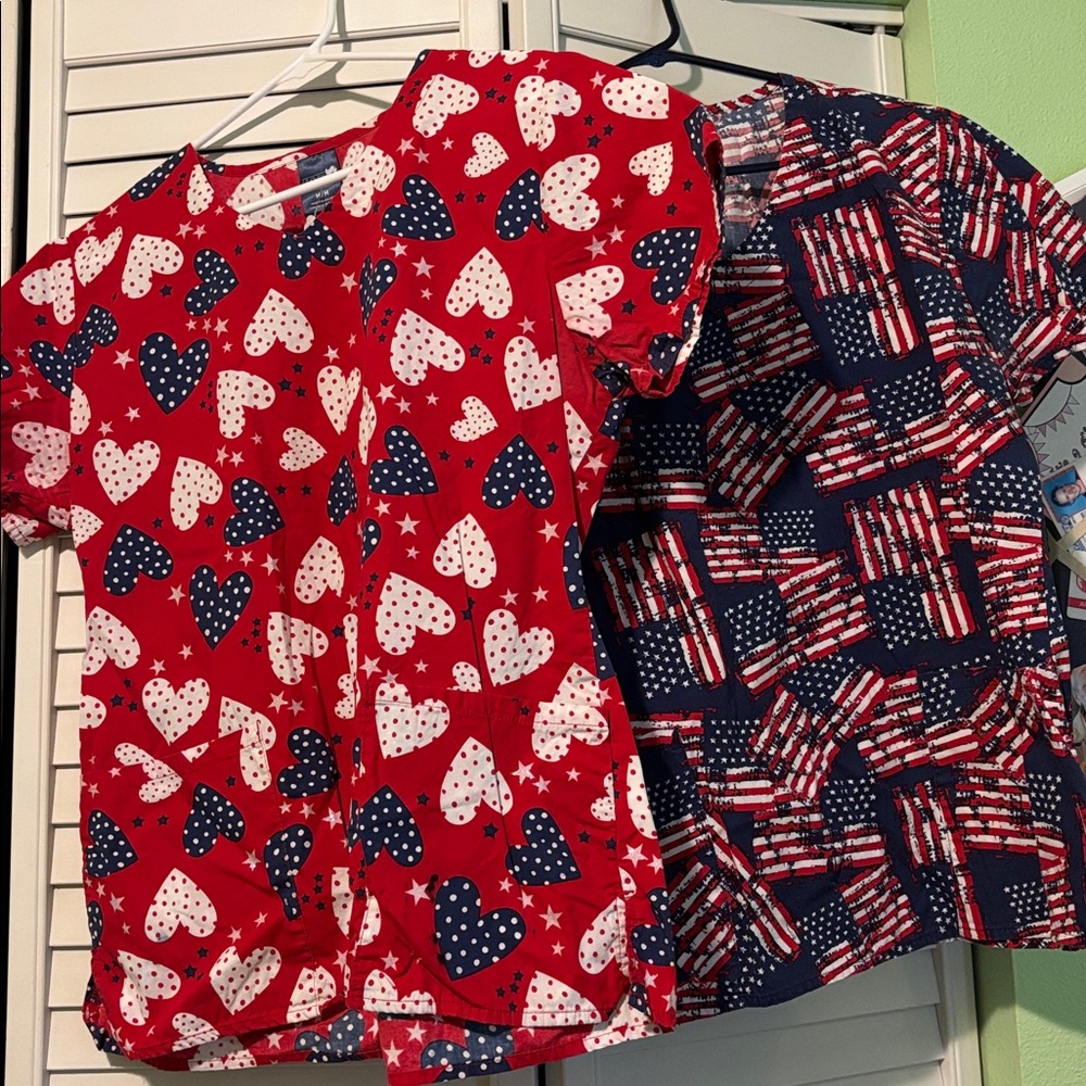Zoe+Chloe Patriotic Heart and Flag Print Scrub Tops